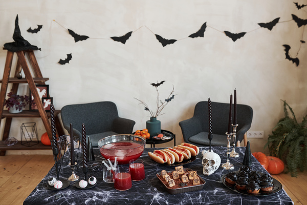 Room with Table Decorated for Halloween